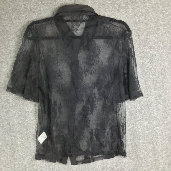 Black Button Up Delicate Lace Flutter Sleeve Shirt Sz L - Picture 3 of 9